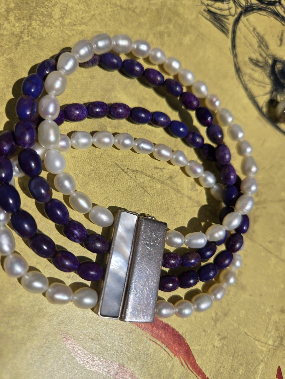 DTR Multi-Strand Pearl and Purple Bead Bracelet with Silver Magnetic Clasp